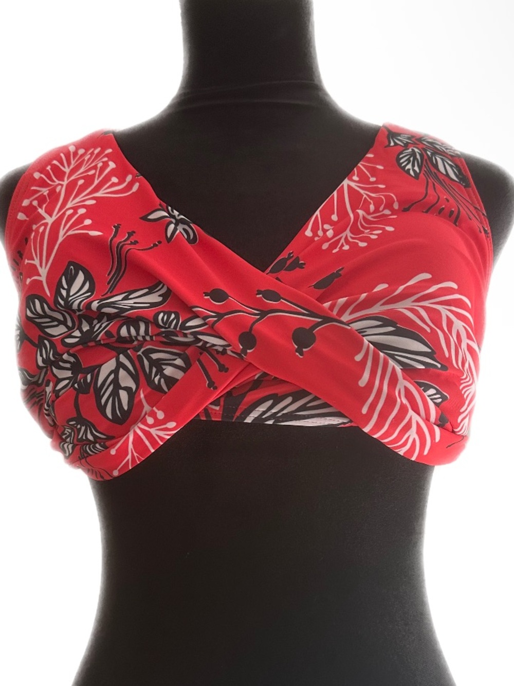 Red & Black Tropical Print Wrap Bikini Top